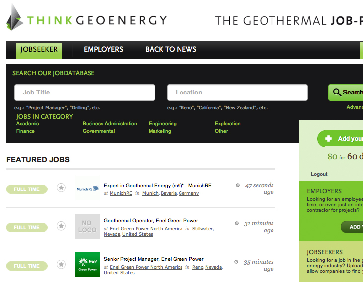 Various new geothermal jobs available on jobs@thinkgeoenergy