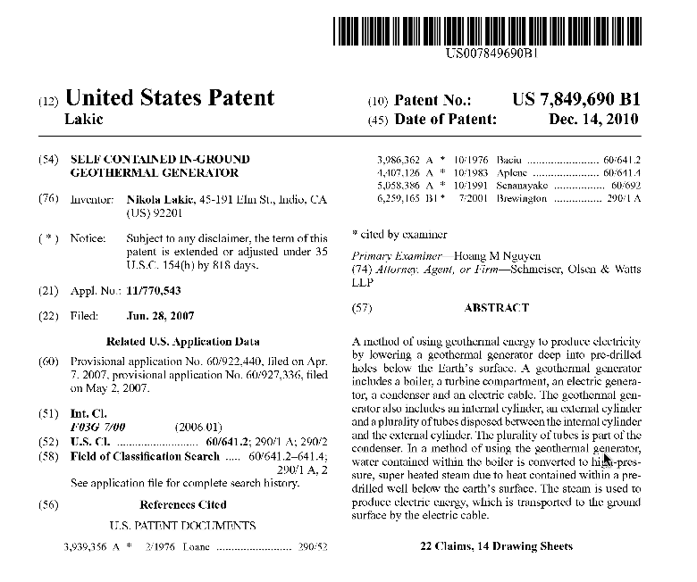 U.S. patent issued for self contained in-ground geothermal generator