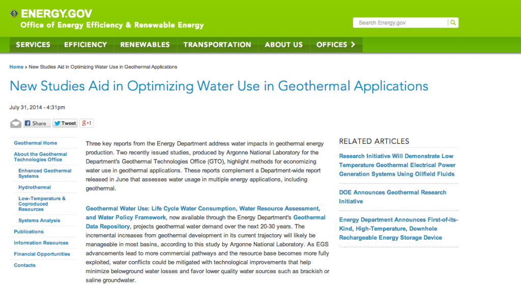 Optimizing water use for geothermal applications, reports by U.S. DOE