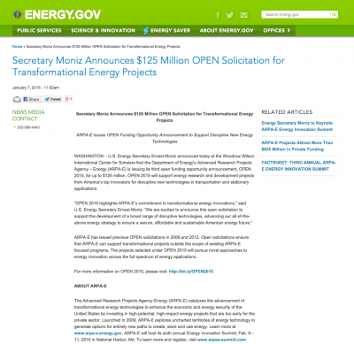U.S. DOE  $125 million research funding opportunity for energy innovation