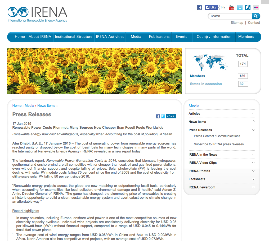 IRENA: many renewable energy technologies now cheaper than fossil fuels
