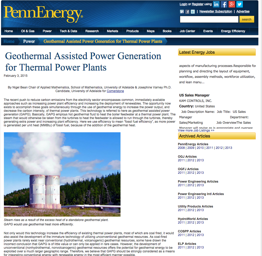 Article on geothermal use in thermal power plants