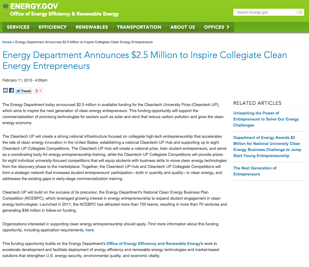 U.S. DOE announces Cleantech University prize for student entrepreneurs