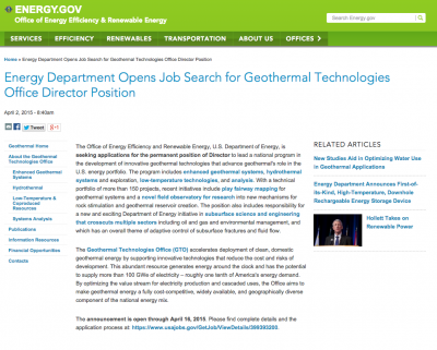 U.S. DOE seeks to fill position of Director at the Geothermal Technologies Office