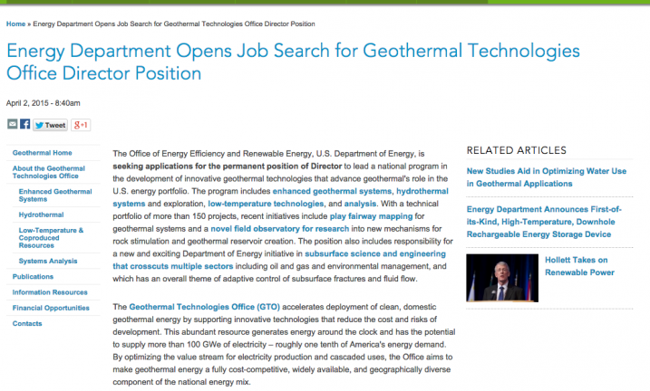 U.S. DOE seeks to fill position of Director of Geothermal Technology Program