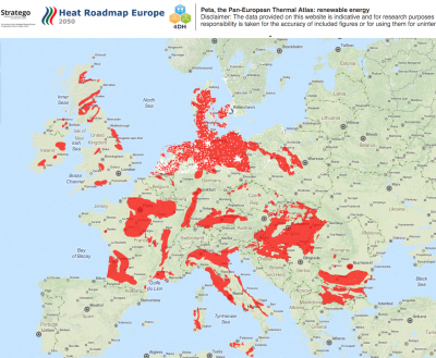 Interactive Map showing the areas with geothermal heating potential in Europe