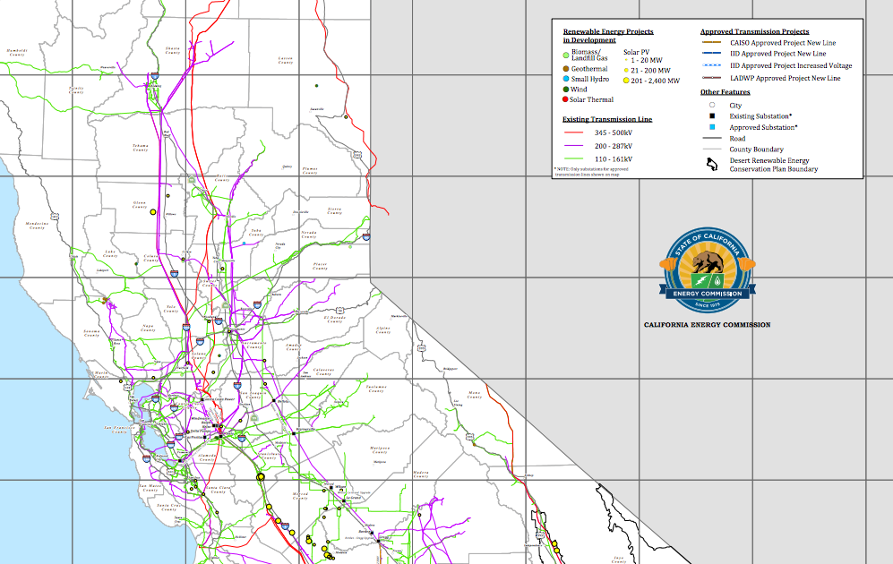 Map of all renewable energy projects in the state of California