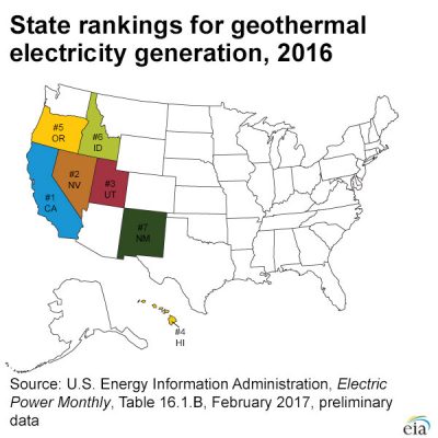 Updated map of geothermal electricity generation in U.S.