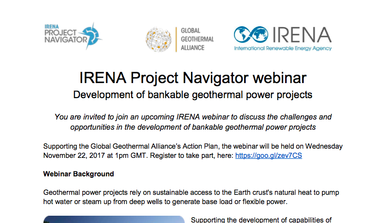 IRENA Webinar – Developing bankable geothermal projects, 22 Nov. 2017