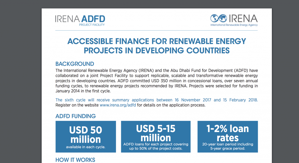 Deadline approaching for $50 million funding cycle of IRENA/ADFD Project facility