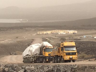 Drilling rig on the way to site of geothermal project at Fiale Caldera in Djibouti, Africa