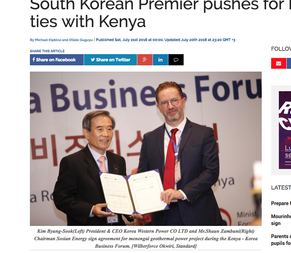 Sosian Energy signs deal with Korean firm on equipment for Menengai geothermal plant, Kenya