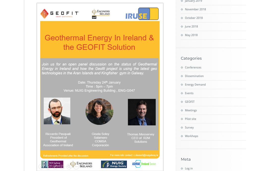 Workshop – Geothermal Energy in Ireland/ GEOFIT, Galway – Jan 24-25, 2019