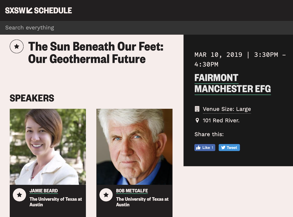 SXSW – The Sun Beneath Our Feet: Our Geothermal Future, March 10, 2019
