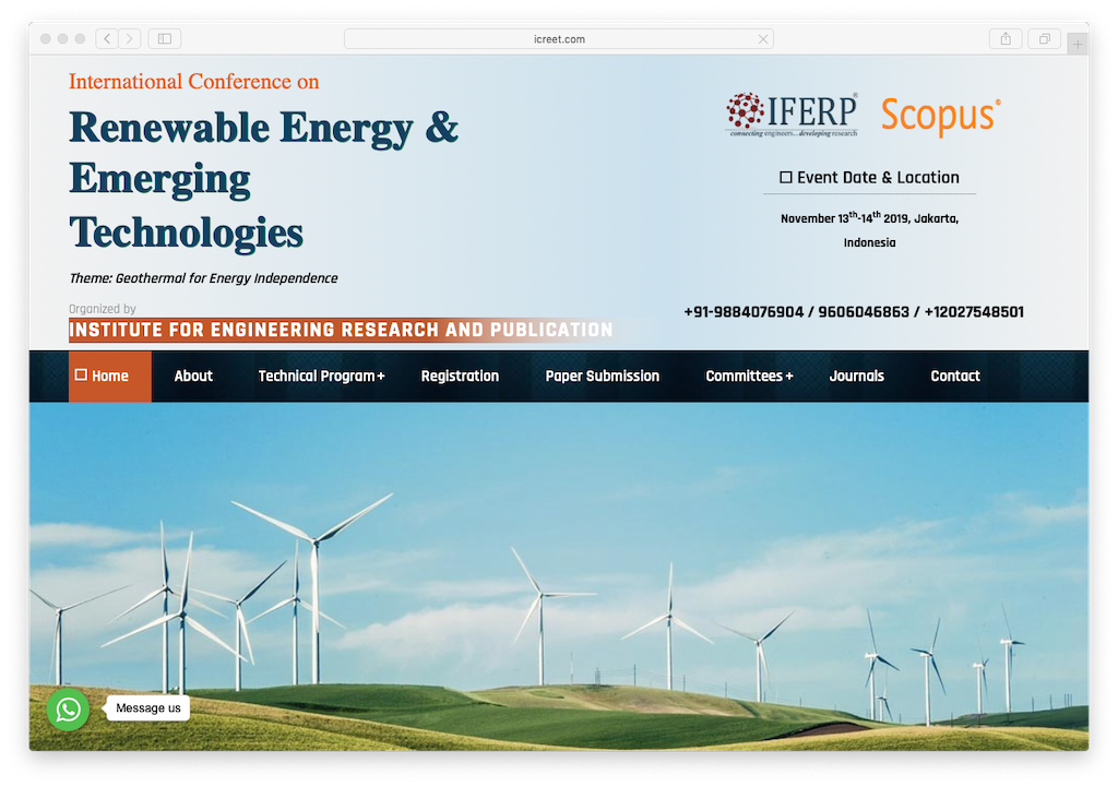 Int’l Conference on Renewable Energy & Emerging Technologies (ICREET) – 13-14 Nov. 2019, Jakarta/ Indonesia