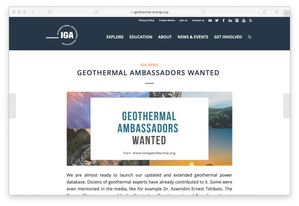 IGA seeks Geothermal Ambassadors as representatives for IGA