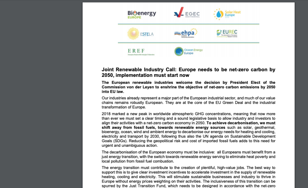 Industry call: To make Europe net-zero carbon by 2050, implementation needs to start now