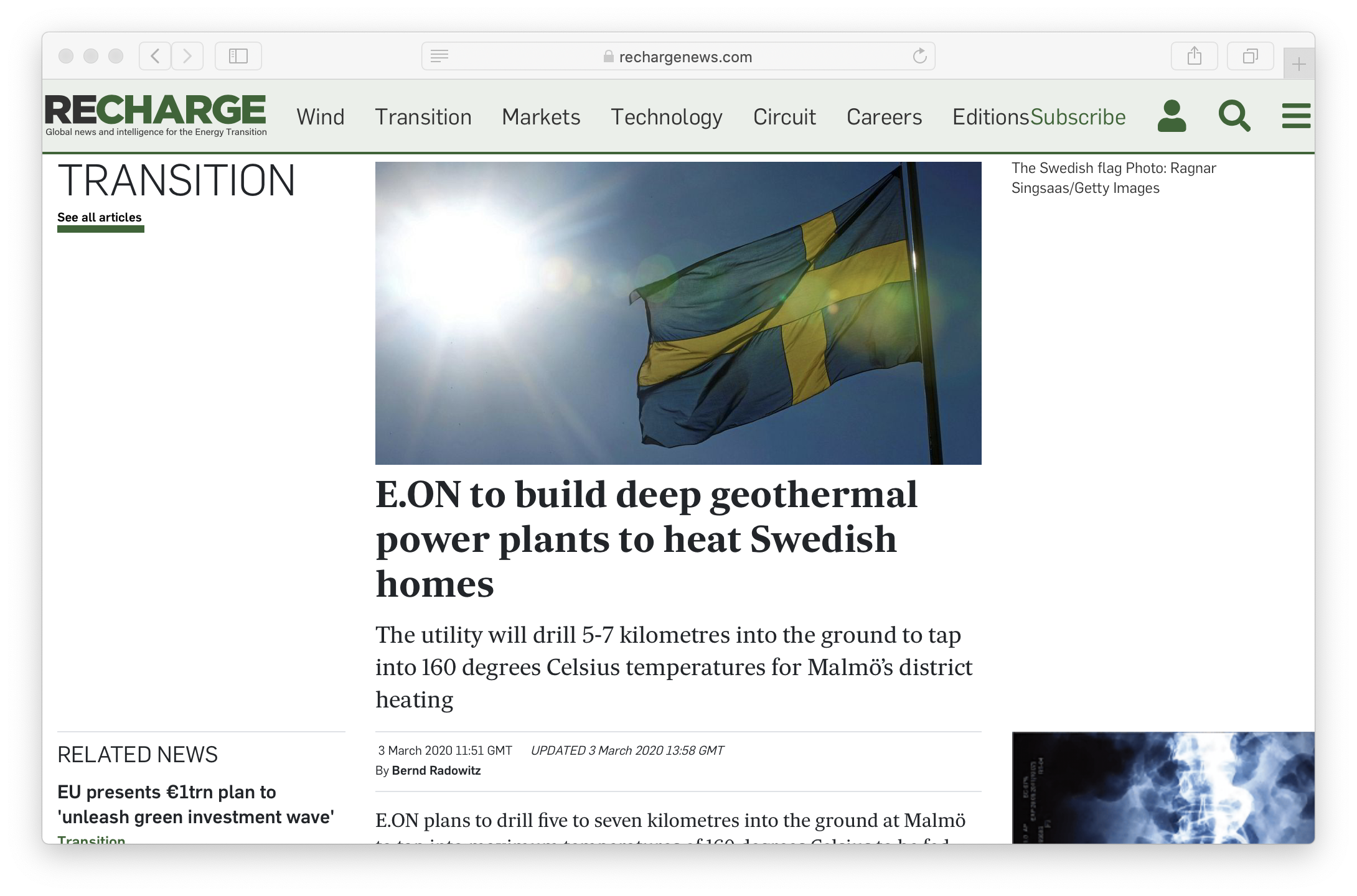 RECHARGE news on geothermal project by E.ON in Sweden, March 2020 (source: screenshot) 