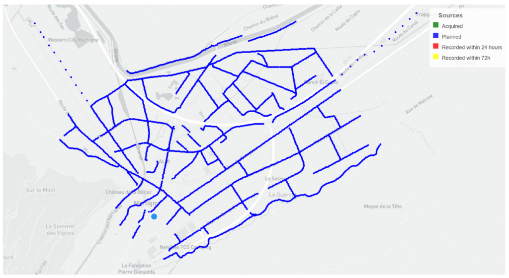 Rutas planificadas del estudio sísmico para la exploración geotérmica en Martigny, Suiza (fuente: Sinergy)