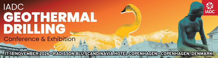Banner for IADC Geothermal Drilling Conference & Exhibition, Nov 17–18, 2026, at Radisson Blu Scandinavia Hotel, Copenhagen, with IADC logo.