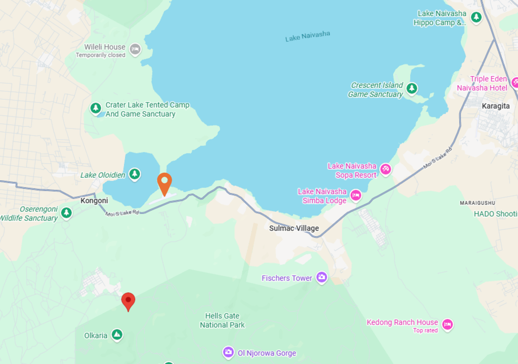 Ubicación aproximada del invernadero (marcador naranja) y del pozo (marcador rojo), separados por unos 7 u 8 km (4,5 o 5 millas). (Fuente: Solenis)