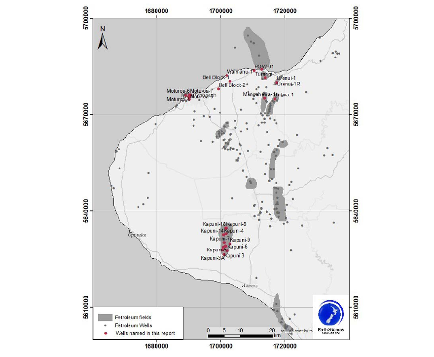 Taranaki wells | ThinkGeoEnergy - Geothermal News & Insights Map of petroleum fields and wells with labeled blocks around Kapuni area; includes legend, scale bar, north arrow and grid coordinates.