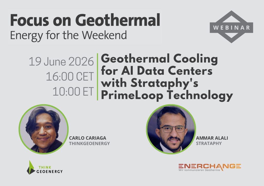 Poster announcing a geothermal energy webinar titled 'Focus on Geothermal' with speaker headshots and company logos nearby.