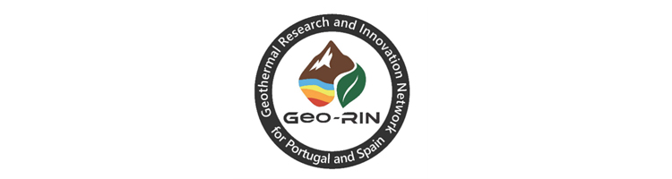 Geothermal Research and Innovation Network (GEO-RIN) logo for Portugal and Spain, featuring a mountain, rainbow arc, and leaf inside a circular badge.