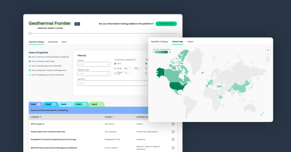 CATF_SHR_GF_Social_2 | ThinkGeoEnergy - Geothermal News & Insights Geothermal Frontiers web dashboard with a world map highlighting several countries and a left filter panel for areas of expertise.
