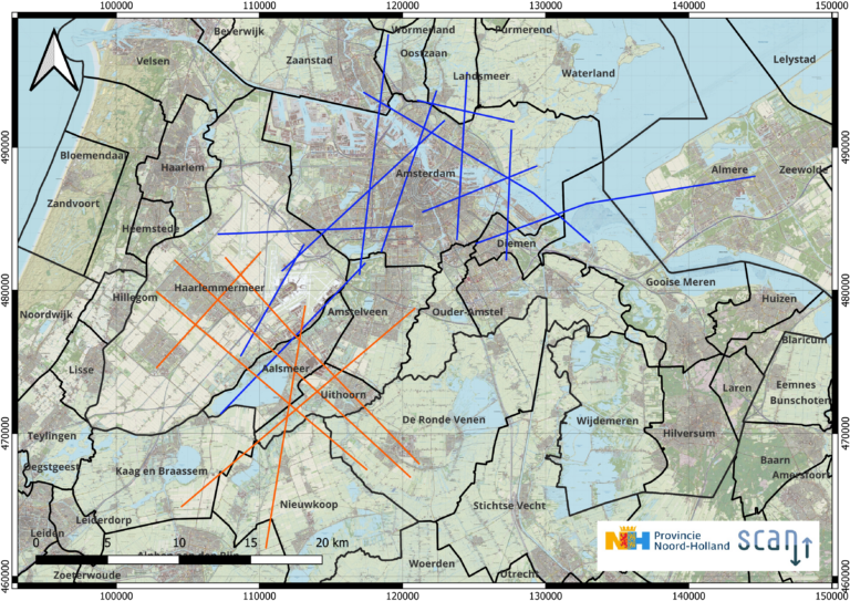 SCAN west seismic survey | ThinkGeoEnergy - Geothermal News & Insights Map of Noord-Holland with administrative boundaries overlaid. Centered on Amsterdam, blue and orange diagonal line networks span the region, likely representing two sets of routes or measurements. Includes compass in top-left, scale bar bottom-left, and provincial logo bottom-right.