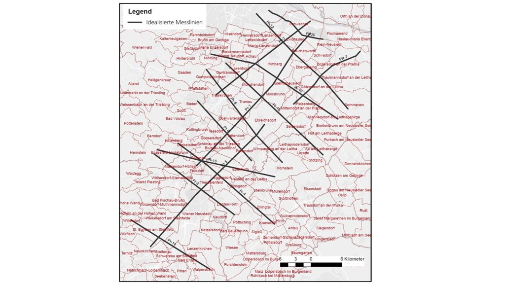 Map of a region with red town labels and multiple black diagonal lines; legend reads 'Idealisierte Messlinien'.